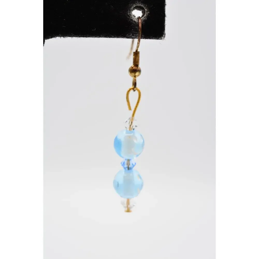 Dangle Beaded Earrings Sky Blue Happy Face Crystal Drop Round 1990s BinAA